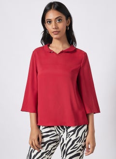 Buy Women's Causal Half Bell Sleeve Polyester Blend Blouse With Round Neck Flat Collar Dark Red in UAE
