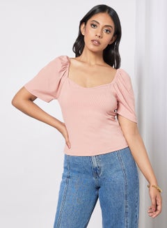 Buy Women's Stripes Design Casual Short Sleeve Top Peach in Saudi Arabia