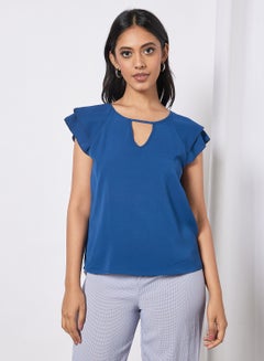 Buy Women's Solid Design V-neck Casual Cap Sleeve Top Blue in Saudi Arabia