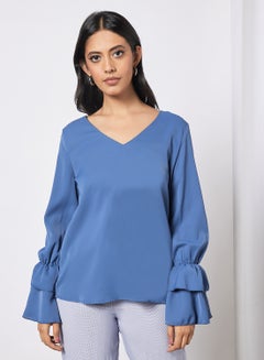 Buy Women's Plain Basic Design Casual V-neck Puff Sleeve Top Blue in Saudi Arabia