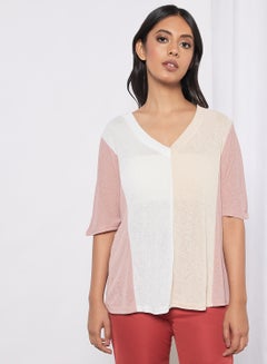 Buy Women's Casual Contrast Design Puff Sleeve Top Beige/Peach/White in UAE