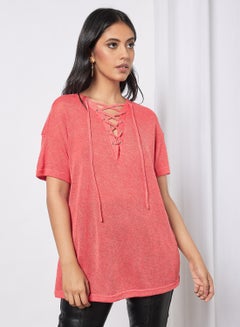 Buy Women's Casual Solid Design Short Sleeve Top Coral Red in UAE