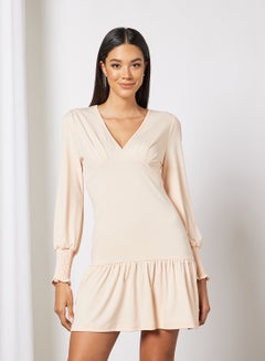 Buy Women V-Neck Long Puff Sleeve Ruffle Hem Mini Dress Beige in UAE