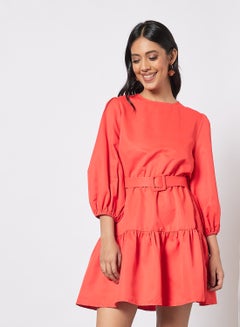 Buy Puff Sleeve Self Tie Midi Dress Red in UAE