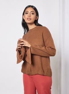 Buy Solid Drop Shoulder Sleeve Split Sweater Brown in UAE