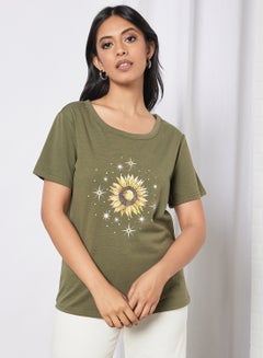 Buy Casual Short Sleeve Round Neck Graphic Print Knit T-Shirt Olive in UAE