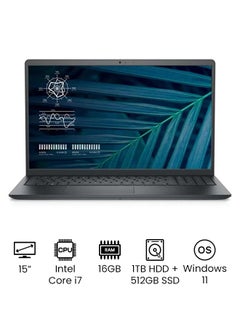 اشتري Latest Model Vostro 3510 Business And Professional Laptop With 15.6-Inch Full HD Display, 11th Gen Core i7-1165G7 Processor/16GB RAM/1TB HDD + 512GB SSD/Nvidia GeForce MX350 Graphics/Windows 11 English Black في الامارات