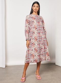 Buy Print puff sleeve side pocket dress Pink in UAE