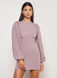 Buy Puff Sleeve Solid Dress Purple in UAE