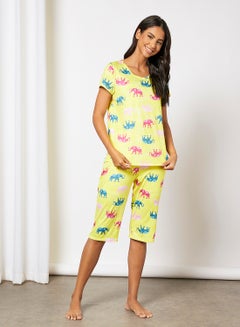 Buy Women's Pack Of 2 Top And Bottom Pyjama Set Light Yellow Print in Saudi Arabia