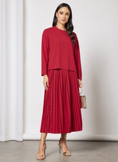 Buy Top With Pleated Maxi Skirt Set Red in Saudi Arabia