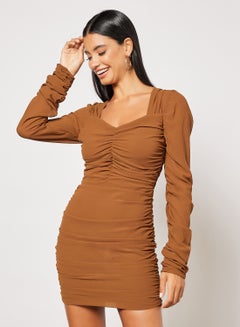 Buy Ruched Bodycon Mini Dress Brown in Saudi Arabia