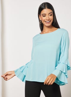 Buy Casual Puff Sleeve Round Neck Solid Top Blue in UAE