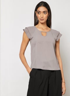 Buy Women's Solid Design V-neck Casual Cap Sleeve Top Grey in Saudi Arabia