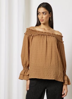 Buy Women's Casual Solid Design Cold Shoulder Blouse Coffee in UAE