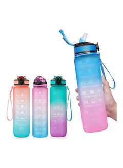 Buy Motivational Water Bottle 1L With Time Marker & Straw Blue Pink 1Liters in Egypt