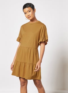 Buy Ruffled Sleeve Tiered Dress Brown in UAE