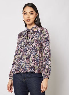 Buy Casual Stylish Front Tie Blouse Long Sleeves Black Multicolour in Saudi Arabia
