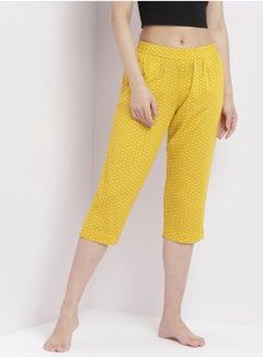 Buy Casual Comfortable Relaxed Fit Three Quarter Pyjama Pants With Matching Scrunchie Mustard in UAE