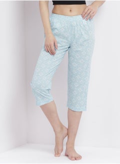 Buy Casual Comfortable Relaxed Fit Three Quarter Pyjama Pants With Matching Scrunchie Blue in UAE