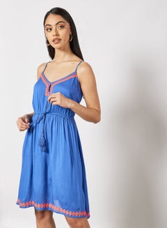 Buy Casual Stylish Embroidered Mini Dress With Tasseles Blue in UAE