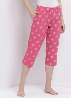 Buy Casual Comfortable Relaxed Fit Three Quarter Pyjama Pants With Matching Scrunchie Pink in UAE