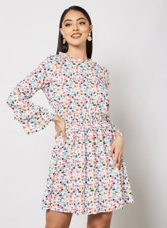 Buy Women's Casual Stylish Mini Skirt Full Sleeves With Frills White Multicolor in Saudi Arabia