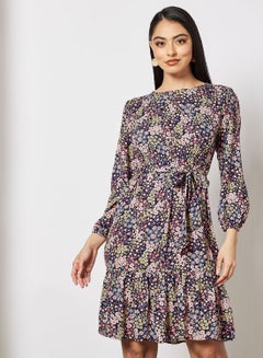 Buy Casual Stylish Long Sleeves Tiered Dress Printed With Round Neck And A Belt Black in Saudi Arabia