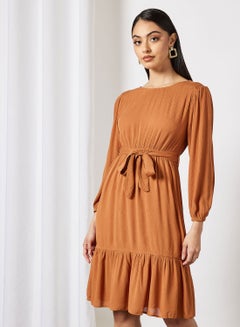 Buy Casual Stylish Long Sleeves Tiered Dress Printed With Round Neck And A Belt Brown in Saudi Arabia