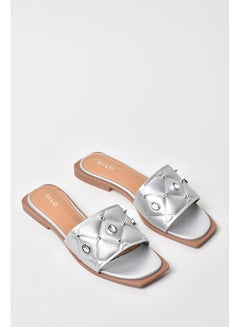 Buy Embellished Quilted Strap Flat Sandals Silver in Saudi Arabia