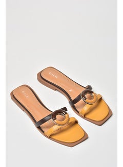 Buy Double Strap Detail Flat Sandals Brown/Mustard Yellow in Saudi Arabia