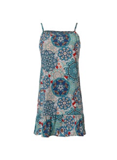 Buy Women'S Casual Mini Straps Floral Puff Bottom Hem Dress Blue in UAE