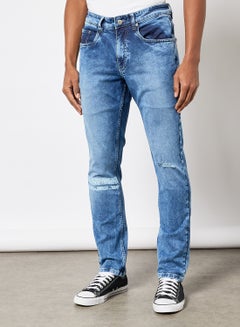 Buy Men Stripe Printed Slim Fit Jeans Light Blue in UAE