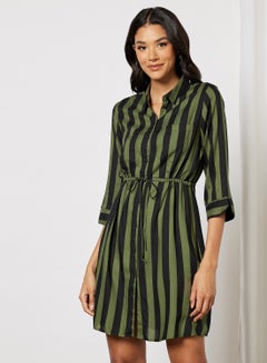 اشتري فستان بتصميم قميص مزين بطبعة مخططة أخضر في مصر