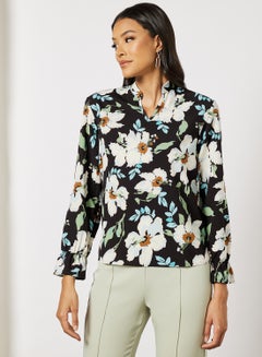 Buy Women's Casual Long Sleeve Rayon Blouse With V-Neck Stand Up Collar Printed Pattern Black in Saudi Arabia