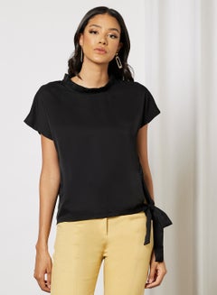 Buy Women's Stand Pleat Collar Side Tie Short Sleeve Crop Top Black in Saudi Arabia