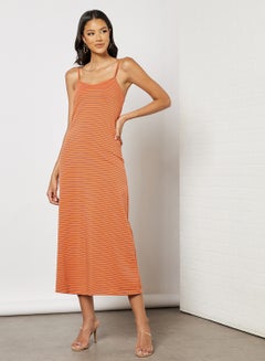 Buy Women's Casual Yarn Dyed Ribbed Striped Design Long Evening Maxi Straps Knit Dress Orange/Blue in Saudi Arabia