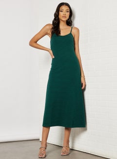 Buy Women's Casual Yarn Dyed Ribbed Striped Design Long Evening Maxi Straps Knit Dress Green/Black in Saudi Arabia