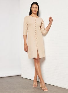 Buy Shirred Waist Dress Beige in Saudi Arabia