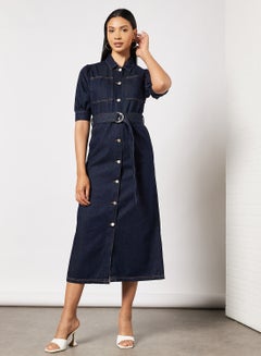 Buy Basic Plain Collared Neck Midi Dress Dark Blue in UAE