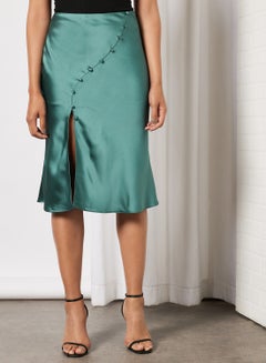 Buy Button Detail Satin Skirt Blue Petrol in UAE