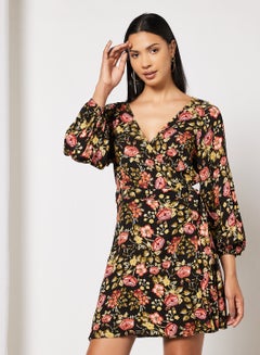 Buy Floral Wrap Dress Black Flower Print in UAE