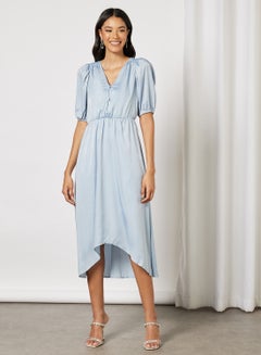 Buy Button Detail Puff Sleeves High Low Dress Ashley Blue in Saudi Arabia