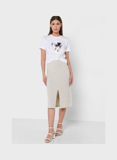 اشتري Women Front Split Midi Skirt Beige في الامارات