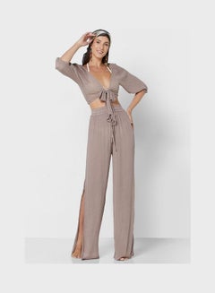 Buy Tie Detail Crop Top And Wide Leg Pants Set Brown in UAE