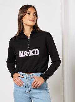 Buy Graphic Printed Zip Up Sweatshirt Black in UAE