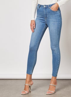 Buy Skinny High Waist Raw Hem Jeans Mid Blue in UAE