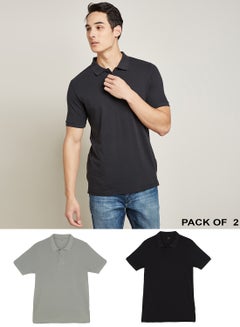 Buy Pack Of 2- Men's Polo Neck T-Shirt, 100% Cotton Biowashed Fabric, Comfort Fit Stylish Design Light Grey/Black in Saudi Arabia