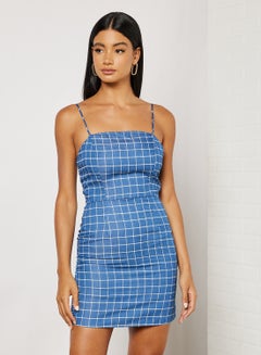 Buy Grid Print Square Neck Dress Denim/White in Saudi Arabia