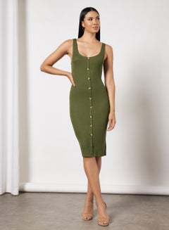 Buy Buttoned Midi Dress Khaki in UAE